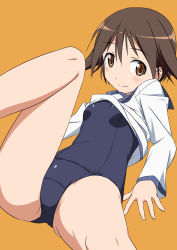Rule 34 | 1girl, absurdres, blush, brown eyes, brown hair, clothes lift, highres, long sleeves, looking at viewer, miyafuji yoshika, one-piece swimsuit, orange background, school swimsuit, school uniform, shiny clothes, shirt lift, short hair, simple background, sitting, smile, solo, spread legs, strike witches, swimsuit, swimsuit under clothes, world witches series, yamamoto shuuhei