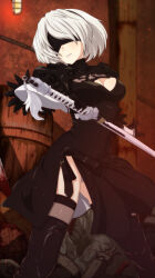 Rule 34 | 1girl, 2b (nier:automata), absurdres, ada badguy, back cutout, black blindfold, black dress, black gloves, black hairband, blindfold, boots, cleavage cutout, clothing cutout, dress, feather-trimmed sleeves, gloves, hairband, highres, holding, holding sword, holding weapon, juliet sleeves, leotard, long sleeves, nier:automata, nier (series), puffy sleeves, solo, sword, thigh boots, weapon, white hair, white leotard
