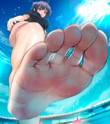Rule 34 | 1girl, barefoot, black shirt, black sleeves, blue archive, blue eyes, blue sky, breasts, close-up, commentary request, feet, fisheye, foot focus, foot up, from below, greek toe, halo, happy, kukoi, large breasts, light blush, looking at viewer, looking down, mechanical halo, open mouth, partially submerged, purple hair, shirt, short sleeves, single bare leg, sky, soles, solo, standing, standing on one leg, toes, under shot, wet, yuuka (blue archive), yuuka (track) (blue archive)