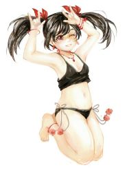Rule 34 | 10s, 1girl, ;d, \m/, anklet, barefoot, black hair, black panties, bracelet, earrings, jewelry, lingerie, love live!, love live! school idol project, navel, necklace, one eye closed, open mouth, panties, red eyes, red ribbon, ribbon, simple background, smile, solo, tank top, thighhighs, underwear, womu, yazawa nico