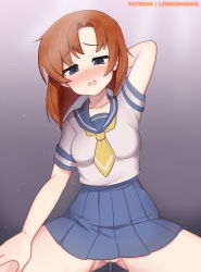 Rule 34 | 1girl, absurdres, arm behind head, arm up, artist name, blank stare, blouse, blue eyes, brown hair, commentary, concealed weapon, empty eyes, english commentary, highres, higurashi no naku koro ni, holding, holding weapon, implied sex, lewdishsnail, necktie, open mouth, patreon username, pussy, pussy juice, pussy juice trail, pussy peek, round teeth, ryuuguu rena, sadism, sailor, school uniform, shirt, skirt, solo, teeth, weapon, white shirt, yandere, yellow necktie