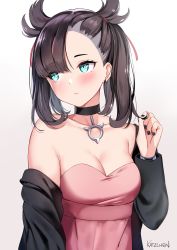 Rule 34 | 1girl, artist name, asymmetrical bangs, asymmetrical hair, black hair, black jacket, black nails, blue eyes, blush, breasts, choker, cleavage, closed mouth, collarbone, creatures (company), dress, ear piercing, game freak, hair ribbon, highres, jacket, kaetzchen, long hair, long sleeves, looking to the side, marnie (pokemon), medium breasts, nail polish, nintendo, off shoulder, open clothes, open jacket, piercing, pink dress, pokemon, pokemon swsh, red ribbon, ribbon, simple background, solo, twintails, undercut, white background