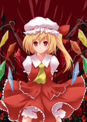 Rule 34 | 1girl, bad id, bad pixiv id, blonde hair, blouse, collared shirt, female focus, flandre scarlet, frilled vest, frills, hair between eyes, hat, mob cap, one side up, ponytail, red background, red eyes, shirt, short hair, side ponytail, solo, touhou, vest, white hat, white shirt, wings, yuurakudou kurono
