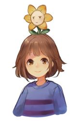 Rule 34 | androgynous, bad id, bad tumblr id, brown eyes, brown hair, flower, flower on head, flowey (undertale), frisk (undertale), gender request, jitome, llicornia, purple shirt, shirt, simple background, smile, striped clothes, striped shirt, undertale, upper body, utggs, white background