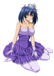 Rule 34 | 00s, 1girl, bare shoulders, bashoku youjou, blue hair, breasts, cleavage, collarbone, crown, dress, female focus, full body, gloves, hair ornament, ikkitousen, large breasts, legs, looking at viewer, purple dress, purple eyes, purple gloves, purple legwear, short twintails, simple background, sitting, smile, solo, strapless, strapless dress, twintails, white background