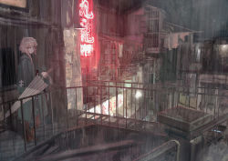 Rule 34 | 1girl, absurdres, apartment, bad id, bad pixiv id, balcony, boots, closed mouth, commentary request, grey eyes, highres, holding, holding umbrella, lamppost, laundry, long hair, neon lights, night, original, pink hair, plant, rain, raincoat, road, rubber boots, scenery, science fiction, solo, soraciel, standing, street, umbrella, urban