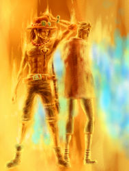 Rule 34 | 2boys, back-to-back, blonde hair, blue fire, capri pants, fiery wings, fire, hand on headwear, hat, highres, jewelry, marco (one piece), multiple boys, necklace, one piece, pants, portgas d. ace, s h a m o, wings