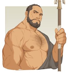 Rule 34 | 1boy, abs, bara, bare pectorals, beard, biceps, black hair, chest hair, facial hair, highres, holding, holding staff, japanese clothes, large pectorals, looking at viewer, male focus, manly, mature male, muscular, muscular male, nipples, original, pectorals, priest, ryker, scar, scar on arm, scar on stomach, smile, staff, thick arms, veins