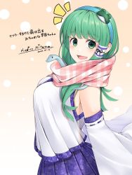 Rule 34 | 1girl, :d, artist name, bare shoulders, beige background, blue hairband, blue skirt, blush, breasts, commentary request, dated, detached sleeves, frog hair ornament, gradient background, green eyes, green hair, hair ornament, hairband, highres, kochiya sanae, long hair, long sleeves, looking at viewer, medium breasts, mitama mudimudi, open mouth, pink scarf, scarf, shirt, signature, skirt, smile, snake hair ornament, solo, touhou, translation request, upper body, white background, white shirt, wide sleeves