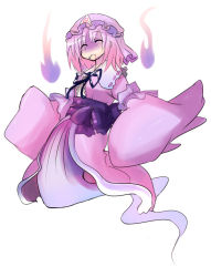 Rule 34 | 1girl, ^ ^, blood, bone, closed eyes, female focus, ghost, hat, hitodama, mirino, mouth hold, pink hair, saigyouji yuyuko, short hair, simple background, sleeves past wrists, solo, touhou, wide sleeves