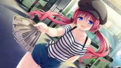 Rule 34 | 1girl, :d, arm behind back, bare shoulders, black hat, black ribbon, blue eyes, blue shorts, blush, collarbone, cowboy shot, dutch angle, female focus, fuyuichi monme, game cg, hair ribbon, hat, highres, long hair, looking at viewer, money, official art, open mouth, outdoors, outstretched arm, red hair, ren&#039;ai karichaimashita, ribbon, shirt, shorts, skirt, smile, solo, standing, striped clothes, striped shirt, suspender shorts, suspenders, tenma hasumi, thighs, twintails