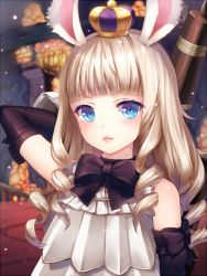 Rule 34 | 1girl, animal ears, bare shoulders, blonde hair, blue eyes, blunt bangs, blush, bow, bowtie, crown, drill hair, elbow gloves, elin, flat chest, gloves, kayaku (banban), light particles, lips, long hair, looking at viewer, mini crown, momoko (momopoco), rabbit ears, solo, tera online, twin drills, twintails, upper body