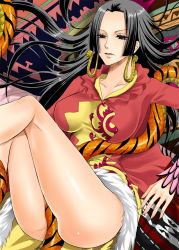 Rule 34 | 1girl, ass, black eyes, black hair, boa hancock, dress, earrings, female focus, highres, jewelry, jolly roger, long hair, one piece, patterned, pirate, sitting, snake, solo, yellow dress