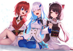 Rule 34 | 3girls, :3, :d, ^ ^, absurdres, ange katrina, ange katrina (1st costume), animal ears, apron, armband, black collar, black hair, black jacket, black kimono, blue eyes, blue hair, blue skirt, blue thighhighs, blunt bangs, boots, breasts, brown eyes, closed eyes, closed mouth, collar, commentary request, dog ears, dog hair ornament, dress, flower, hair between eyes, hair flower, hair ornament, heterochromia, highres, holding hands, interlocked fingers, inui toko, jacket, japanese clothes, kimono, knee boots, knee up, lize helesta, long hair, long sleeves, low twintails, masaki (msk064), multicolored hair, multiple girls, nijisanji, obi, open clothes, open jacket, open mouth, pleated skirt, red eyes, red flower, red hair, red jacket, safety pin, sash, shirt, silver hair, sitting, skirt, small breasts, smile, thighhighs, thighhighs under boots, twintails, two-tone hair, very long hair, virtual youtuber, waist apron, white apron, white background, white dress, white footwear, white shirt, wide sleeves