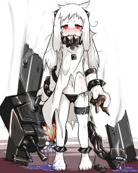 Rule 34 | 10s, 1girl, abyssal ship, aircraft, airplane, bare shoulders, barefoot, beize (garbage), black panties, blood, bruise, circle garbage, colored blood, colored skin, crying, highres, injury, kantai collection, long hair, looking at viewer, machinery, messy hair, mittens, navel, northern ocean princess, panties, purple blood, red eyes, side-tie panties, solo, tears, torn clothes, underwear, wavy mouth, white hair, white mittens, white skin