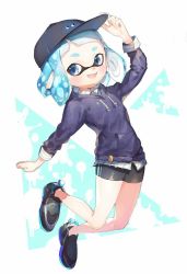 Rule 34 | 1girl, arm up, bad id, bad twitter id, baseball cap, bike shorts, blue eyes, blue hair, blue shirt, fang, hand on headwear, hat, highres, inkling, inkling girl, inkling player character, jumping, mask, nintendo, open mouth, pointy ears, shirt, shoes, short hair, shorts, smile, sneakers, solo, sprbouuz, tentacle hair