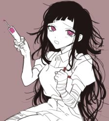 Rule 34 | 1girl, apron, bandaged arm, bandages, breasts, brown background, clenched hand, collared shirt, danganronpa (series), danganronpa 2: goodbye despair, heart, heart in eye, highres, holding, holding syringe, large breasts, long hair, mole, mole under eye, open mouth, pink eyes, puffy short sleeves, puffy sleeves, ru-pe (gstm 0915), shirt, short sleeves, simple background, sitting, solo, symbol in eye, syringe, tsumiki mikan