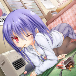 Rule 34 | 1girl, all fours, black pantyhose, blue hair, bowl, food, fruit, greatmosu, hat, unworn hat, unworn headwear, highres, hinanawi tenshi, incoming gift, incoming kiss, kotatsu, long sleeves, looking at viewer, mouth hold, one eye closed, pantyhose, peach, pink eyes, pocky, pocky kiss, shared food, shirt, skirt, solo, table, touhou, wink