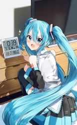Rule 34 | 1girl, 39, :d, black skirt, black sleeves, black thighhighs, blue eyes, blue hair, blue nails, blush, clock, commentary request, detached sleeves, digital clock, flat screen tv, from behind, hair between eyes, hatsune miku, highres, indoors, long hair, long sleeves, looking at viewer, looking back, nail polish, open mouth, pentagon (railgun ky1206), pleated skirt, pointing, shirt, skirt, sleeveless, sleeveless shirt, smile, solo, sparkle, squatting, television, thighhighs, twintails, v-shaped eyebrows, very long hair, vocaloid, white shirt, wide sleeves