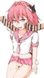 Rule 34 | 3boys, astolfo (fate), bar censor, braid, censored, fate (series), highres, long hair, midriff, multiple boys, navel, no panties, penis, penis on face, penis peek, pink hair, simple background, sweat, testicles, trap, white background, yaoi