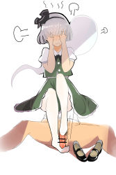 Rule 34 | 1girl, absurdres, blush, censored, covering face, feet, footjob, hairband, highres, konpaku youmu, pantyhose, parted lips, penis, shoes, unworn shoes, silver hair, touhou, white pantyhose