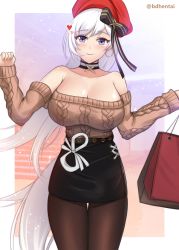 Rule 34 | 1girl, 99illust, absurdres, aran sweater, artist name, azur lane, bag, belfast (azur lane), belfast (shopping with the head maid) (azur lane), beret, black pantyhose, black skirt, breasts, brown sweater, cable knit, choker, earrings, hat, heart, highres, holding, holding bag, hoop earrings, huge breasts, jewelry, long hair, looking at viewer, off-shoulder sweater, off shoulder, official alternate costume, pantyhose, pencil skirt, purple eyes, red hat, simple background, skirt, solo, sweater, thigh gap, very long hair, white hair