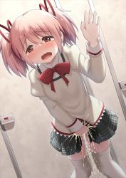 Rule 34 | 1girl, against wall, arisu kazumi, bathroom, between legs, blush, bow, bowtie, breasts, door, dutch angle, embarrassed, female focus, green skirt, hair ribbon, half-closed eyes, hand between legs, hand up, have to pee, indoors, jpeg artifacts, juliet sleeves, kaname madoka, leaning forward, long hair, long sleeves, looking at viewer, mahou shoujo madoka magica, mahou shoujo madoka magica (anime), miniskirt, nose blush, open mouth, pee, peeing, peeing self, pink hair, plaid, plaid skirt, pleated skirt, pocket, puffy sleeves, red bow, red bowtie, red eyes, red ribbon, ribbon, school uniform, shirt, short hair, sidelocks, skindentation, skirt, small breasts, solo, standing, sweat, sweater, tears, textless version, thighhighs, twintails, wavy mouth, wet, wet clothes, white shirt, white thighhighs, yellow sweater, zettai ryouiki