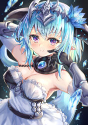 Rule 34 | 1girl, akami770, aqua hair, armpits, black gloves, blue flower, blush, breasts, cheek poking, chest guard, cleavage, detached collar, dragon girl, dragon horns, dragon tail, dress, flower, flower ornament, frilled dress, frills, from above, gauntlets, gem, gloves, hair flower, hair ornament, headpiece, highres, horns, jewelry, large breasts, looking at viewer, pointy ears, poking, purple eyes, shadowverse, short dress, short hair, smile, solo, tail, upper body, white dress, whitefrost dragonewt filene
