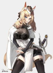Rule 34 | 1girl, absurdres, animal ear fluff, animal ears, arknights, artist name, black shorts, black thighhighs, blonde hair, blue eyes, breasts, cloak, closed mouth, feet out of frame, highres, horse ears, large breasts, licking lips, long hair, long sleeves, looking at viewer, pikazimi, shorts, simple background, smile, solo, standing, thighhighs, tongue, tongue out, whislash (arknights), white cloak, white headwear