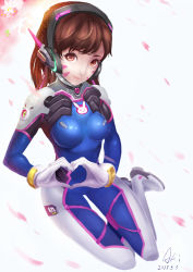 Rule 34 | 1girl, 2017, :3, absurdres, acronym, animal print, armor, artist name, blue bodysuit, bodysuit, boots, bracer, breasts, breasts apart, brown eyes, brown hair, cherry blossoms, closed mouth, d.va (overwatch), dated, eyelashes, facepaint, facial mark, flower, full body, gloves, hands up, head tilt, headphones, heart, heart hands, highres, long hair, looking at viewer, medium breasts, on floor, overwatch, overwatch 1, pauldrons, petals, pilot suit, pink lips, rabbit print, shiny clothes, shogakusei aki, shoulder armor, shoulder pads, sitting, skin tight, smile, solo, swept bangs, thigh boots, thigh strap, thighhighs, turtleneck, v-shaped eyebrows, whisker markings, white footwear, white gloves, yokozuwari