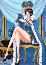 Rule 34 | 1girl, arm tattoo, arm up, black footwear, blue dress, breast tattoo, breasts, cape, chair, cleavage, coin, commentary, crossed legs, crown, dress, earrings, finger tattoo, frilled sleeves, frills, full body, fur-trimmed cape, fur trim, genderswap, genderswap (mtf), gold coin, hand tattoo, heart pirates jolly roger, highres, indoors, jewelry, namnam op, one eye closed, one piece, open mouth, red nails, short dress, short hair, sitting, smile, solo, symbol-only commentary, tattoo, trafalgar law, treasure chest, treasure map, yellow eyes