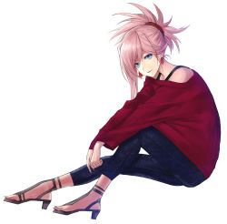 Rule 34 | 1girl, applekun, asymmetrical hair, blue eyes, blue pants, casual, closed mouth, denim, earrings, fate/grand order, fate (series), from side, full body, hair between eyes, highres, jeans, jewelry, long hair, long sleeves, looking at viewer, miyamoto musashi (fate), multiple girls, off-shoulder sweater, off shoulder, pants, pink hair, red sweater, ribbed sweater, simple background, sitting, smile, solo, sweater, white background
