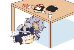 1girl braid chibi commission crying cup failure food full_body green_ribbon grey_hair highres how_to_make_sushi_(meme) izayoi_sakuya lcron maid_headdress makizushi meme pixiv_commission ribbon rice salmon seaweed single_braid solo sushi table touhou under_table water white_background