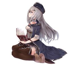 Rule 34 | 1girl, bemani, black skirt, blue eyes, blue hat, blue jacket, blush, book, boots, breasts, brown footwear, brown thighhighs, character request, cleavage cutout, clothing cutout, collarbone, full body, grey hair, grey shirt, hair between eyes, hat, holding, holding book, jacket, long hair, looking away, looking up, open book, parted lips, pleated skirt, profile, se-u-ra, shirt, simple background, skirt, small breasts, solo, thighhighs, thighhighs under boots, very long hair, white background