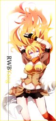 Rule 34 | 1girl, ahoge, arms up, belt, belt buckle, blonde hair, boots, breasts, breasts apart, buckle, character name, cleavage, copyright name, facing viewer, fingerless gloves, floating hair, gloves, grin, hands up, happy, jacket, large breasts, long hair, looking at viewer, midriff, miniskirt, navel, orange scarf, parted lips, purple eyes, rwby, scarf, short sleeves, skirt, smile, solo, standing, tank top, teeth, uguisu (ryu), very long hair, yang xiao long