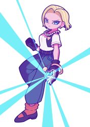 Rule 34 | 1girl, android 18, bear ringer, belt, black vest, blonde hair, blue eyes, clenched hand, commentary request, dragon ball, dragonball z, earrings, full body, gloves, highres, jewelry, leg up, looking at viewer, necklace, open clothes, open vest, orange socks, pants, pearl necklace, shirt, shoes, short hair, short sleeves, socks, solo, t-shirt, vest, white background, white shirt
