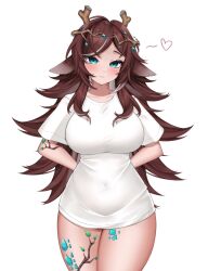 Rule 34 | 1girl, animal ears, arms behind back, blue eyes, blush, breasts, brown eyeshadow, brown hair, closed mouth, collarbone, colored inner hair, covered navel, dragon girl, dragon horns, eyelashes, gem hair ornament, grey hair, hair ornament, heart, highres, horns, indie virtual youtuber, large breasts, leaf, long hair, multicolored hair, natch imaycz, no pants, scales, shirt, solo, streaked hair, sugi aoki, taut clothes, taut shirt, virtual youtuber, white shirt