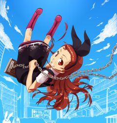 Rule 34 | 00s, 1girl, boots, brown hair, cross-laced footwear, dress, hairband, idolmaster, idolmaster (classic), lace-up boots, long hair, looking back, minase iori, outdoors, red eyes, smile, solo, swing, ttomm, white legwear