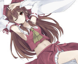 Rule 34 | 1girl, armpits, ascot, bow, breasts, brown hair, detached sleeves, frown, hair bow, hair tubes, hakurei reimu, hand on own head, huuyu 1z, long hair, looking at viewer, lying, midriff, navel, on back, one eye closed, red eyes, ribbon-trimmed sleeves, ribbon trim, sideboob, skirt, skirt set, solo, touhou