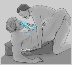 Rule 34 | 2boys, age difference, anal, bara, beard, body hair, connor (detroit), cum, detroit: become human, facial hair, greyscale, hank anderson, licking, male focus, male penetrated, monochrome, multiple boys, old, old man, penis, sex, smaller dominant, smile, yaoi
