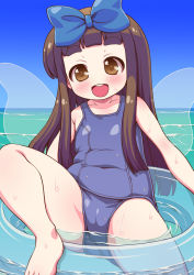 Rule 34 | 1girl, blue ribbon, blush, brown eyes, brown hair, character request, emina, highres, long hair, looking at viewer, ocean, open mouth, ribbon, ribbon hair, solo, star sapphire, swimsuit, touhou, touhou sangetsusei, wings