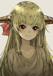 Rule 34 | 1girl, absurdres, alternate costume, alternate hairstyle, beige shirt, blonde hair, brown eyes, closed mouth, collarbone, eyelashes, grey background, hair ribbon, highres, horns, ibuki suika, iouley, long hair, looking at viewer, red ribbon, ribbon, sidelocks, simple background, sketch, solo, touhou, upper body
