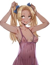 Rule 34 | 1girl, :d, blonde hair, blue bow, blush, bow, bow (bhp), breasts, bunching hair, dark-skinned female, dark skin, fang, hair bow, arms up, hands up, inverted nipples, long hair, medium breasts, navel, nightgown, nipples, open mouth, original, simple background, smile, solo, sweatdrop, twintails, upper body, white background, yellow eyes