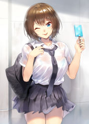 Rule 34 | 1girl, ;p, bag, black necktie, black skirt, blue bra, blue eyes, blush, bra, breasts, brown hair, closed mouth, collared shirt, commentary request, cowboy shot, food, groin, hair between eyes, head tilt, holding, holding food, large breasts, melting, miniskirt, necktie, ogino (oginogino), one eye closed, original, panties, pantyshot, pleated skirt, popsicle, see-through, shirt, shirt tucked in, short hair, short sleeves, shoulder bag, skirt, solo, standing, thighs, tongue, tongue out, underwear, upskirt, wall, white panties, white shirt, wing collar