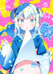 Rule 34 | 1girl, blue eyes, blue hoodie, blue nails, blunt bangs, blush stickers, breasts, clothes in mouth, clothes lift, eyelashes, fish tail, flashing, gawr gura, groin, hair intakes, hair ornament, heart stickers, highres, hololive, hololive english, holomyth, hood, hood down, hoodie, hoodie lift, ichijo rei, lifting own clothes, long sleeves, looking at viewer, medium hair, multicolored hair, nail polish, navel, no panties, piercing, shark hair ornament, shark tail, small breasts, solo, star (symbol), star in eye, sticker on body, stomach, streaked hair, symbol in eye, tail, tail ornament, tail piercing, two-tone background, two side up, virtual youtuber, white hair, wide sleeves