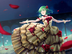 Rule 34 | 1girl, arch, bare shoulders, dress, female focus, flower, green eyes, green hair, gumi, hair flower, hair ornament, highres, jewelry, kazashino, matching hair/eyes, necklace, night, outdoors, petals, rose, short hair, sky, solo, star (symbol), vocaloid
