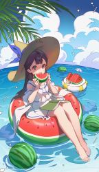 Rule 34 | 1girl, artist request, black hair, blue eyes, breasts, cloud, cloudy sky, feet, food, fruit, hat, palm tree, sky, small breasts, source request, tagme, toes, tree, water, water ring, watermelon