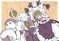 Rule 34 | 1girl, 3boys, armor, backpack, bag, beard, belt pouch, braid, cabbage, capelet, carrot, chilchuck tims, choker, closed eyes, closed mouth, dungeon meshi, dutch angle, dwarf, elf, facial hair, fake horns, fingerless gloves, food, french braid, frown, gloves, gorget, halfling, hand up, helmet, holding, holding bag, holding food, holding staff, holding vegetable, hood, hooded capelet, horned helmet, horns, laios thorden, leather armor, long beard, long hair, long sleeves, looking ahead, looking to the side, marcille donato, multiple boys, open mouth, outside border, partially colored, pauldrons, plate armor, pointy ears, potato, pouch, robe, senshi (dungeon meshi), short hair, shoulder armor, sideways glance, sigh, sprout, staff, stairs, tamaki26j, vegetable, walking