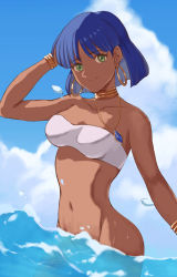 Rule 34 | 1girl, bare shoulders, closed mouth, commentary request, dark-skinned female, dark skin, earrings, fushigi no umi no nadia, green eyes, hair ornament, hairclip, highres, hoop earrings, jewelry, nadia la arwall, navel, neck ring, necklace, no panties, partially submerged, popo agaga, purple hair, short hair, smile, solo, strapless, tube top, water, water drop