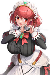 Rule 34 | apron, black dress, blush, bow, bowtie, breasts, cosplay, cowboy shot, dress, earrings, frills, gonzarez, heart, heart hands, highres, jewelry, juliet sleeves, large breasts, long sleeves, looking at viewer, maid, maid headdress, open mouth, poppi (xenoblade), poppi qt (xenoblade), poppi qt (xenoblade) (cosplay), puffy sleeves, pyra (xenoblade), red bow, red bowtie, red eyes, red hair, short hair, solo, swept bangs, tiara, white apron, xenoblade chronicles (series), xenoblade chronicles 2